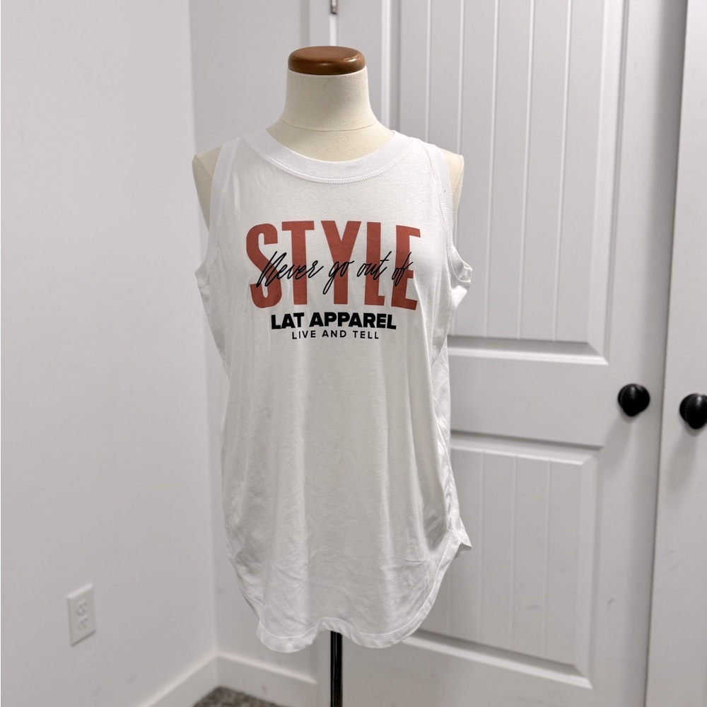 Women's LAT Apparel Tank Top Size L White w/front and back tapered hem